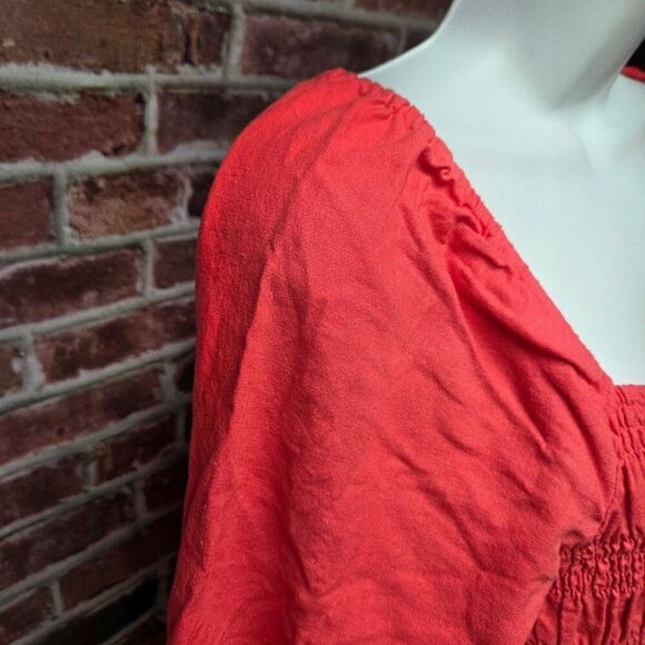 Isabel Maternity Coral Mini Dress Medium Smocked Puff Sleeve Linen Blend - Picture 4 of 7